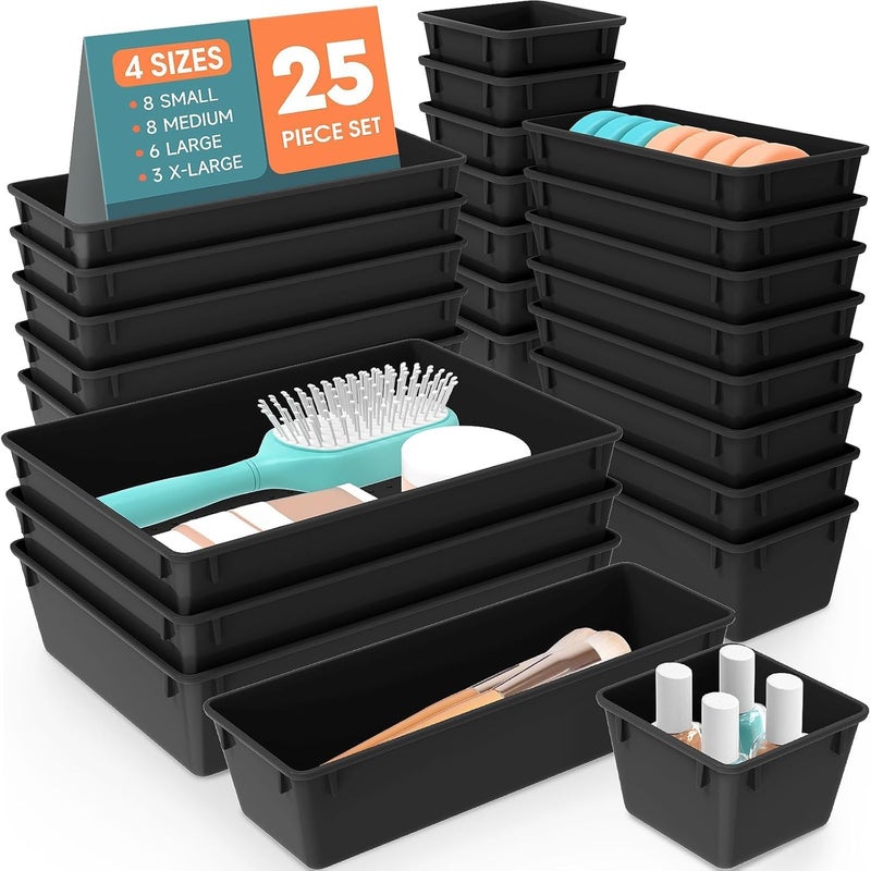 SpaceHacks 25 PCS Plastic Drawer Organizer Set, 4-Size Versatile Organizer Trays & storage Bins for Makeup, Jewelry, and Gadgets in Bathroom, Bedroom and Office, Black - Image 1